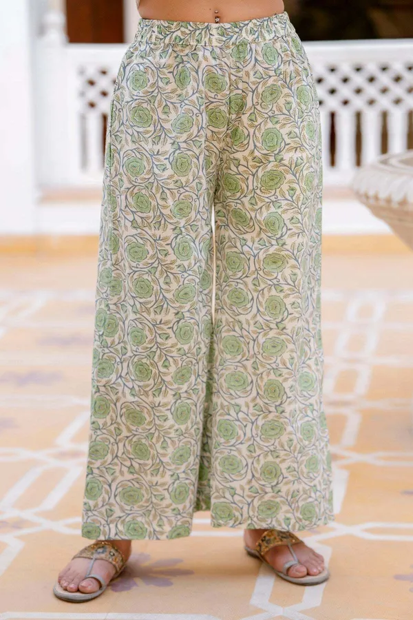 White_&_Green_Pure_Cotton_Floral_Print_Kurta_Palazzo_Set_For_Women