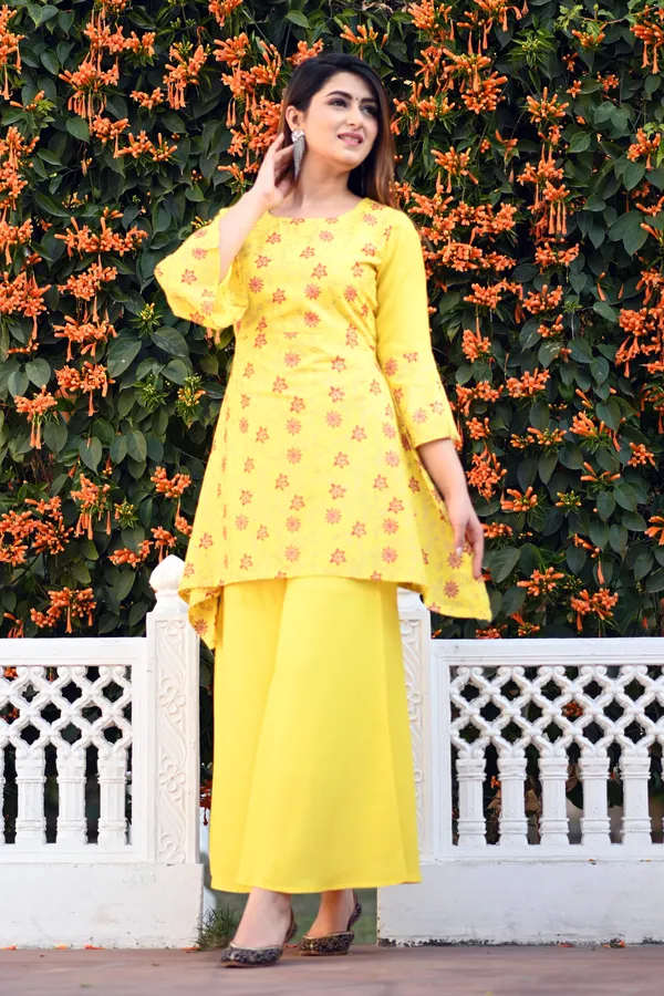 Yellow_Viscose_Rayon_Floral_Print_Kurti_Sharara_Set_For_Women