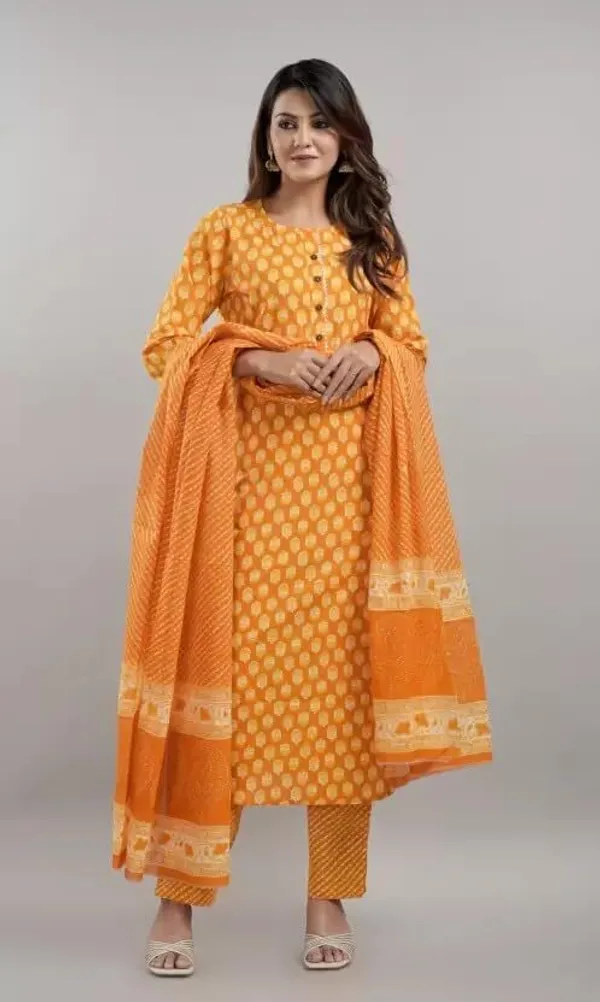 Orange_Cotton_Blend_Printed_Kurta_Pant_Set_For_Women