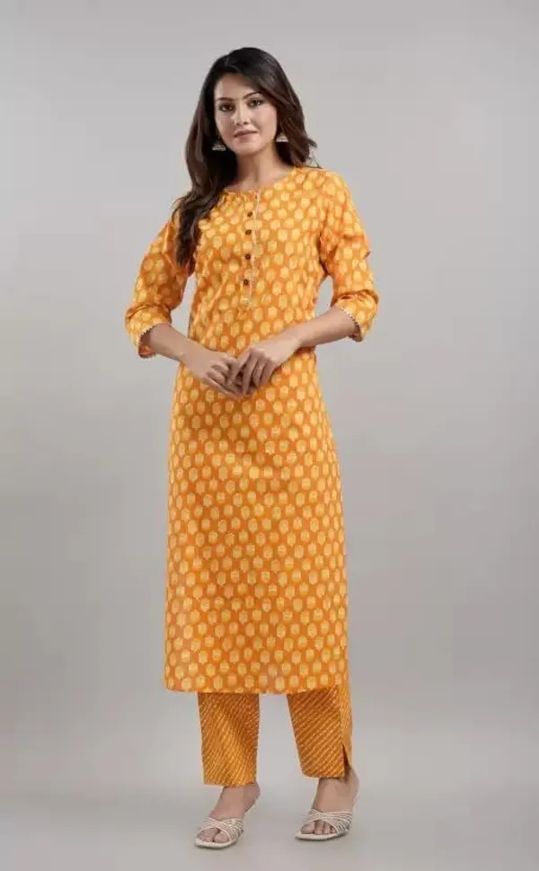Orange_Cotton_Blend_Printed_Kurta_Pant_Set_For_Women