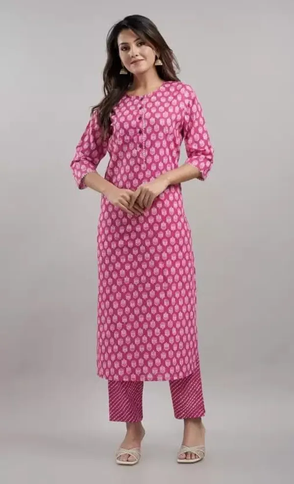 Pink_&_White_Cotton_Blend_Printed_Kurta_Pant_Set_For_Women