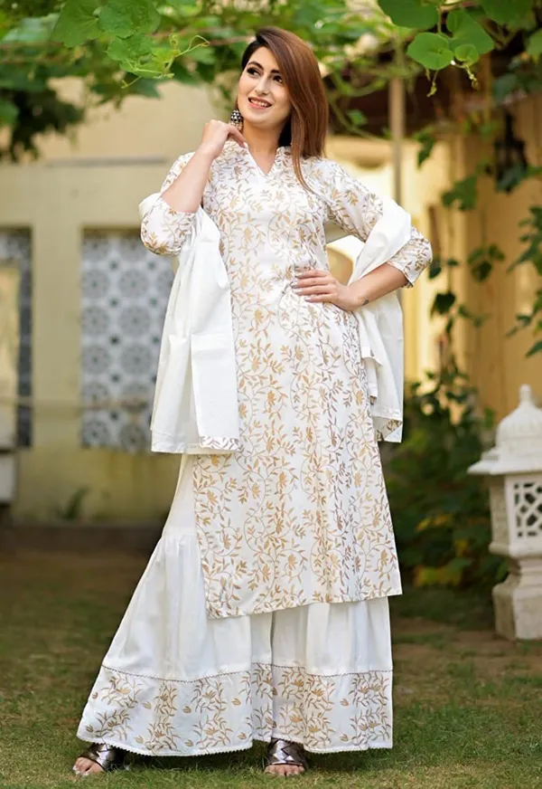 White_Viscose_Rayon_Printed_Kurta_Sharara_Set_For_Women