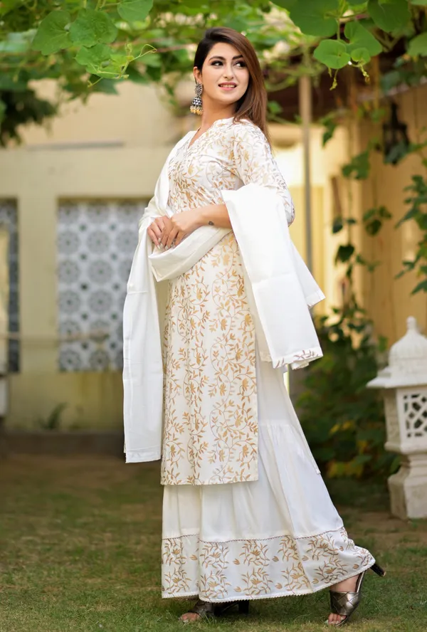 White_Viscose_Rayon_Printed_Kurta_Sharara_Set_For_Women