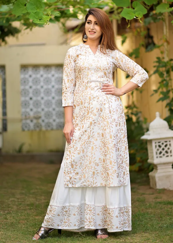 White_Viscose_Rayon_Printed_Kurta_Sharara_Set_For_Women