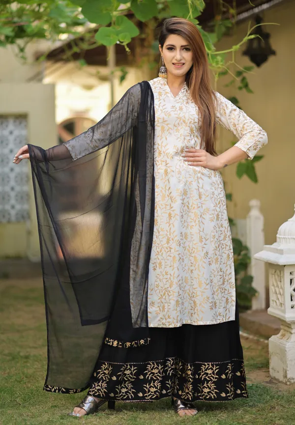 Gold_&_White_Viscose_Rayon_Printed_Kurti_Sharara_Set_For_Women