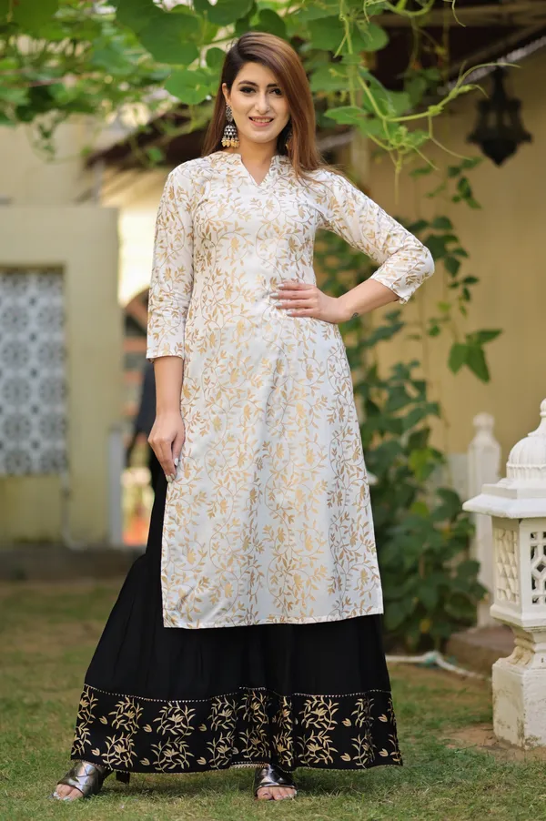 Gold_&_White_Viscose_Rayon_Printed_Kurti_Sharara_Set_For_Women