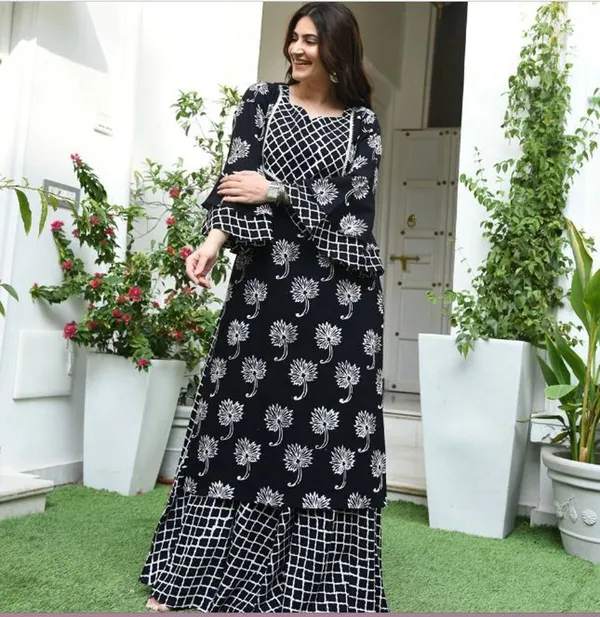 Black_&_White_Viscose_Rayon_Printed_Kurta_Sharara_Set_For_Women