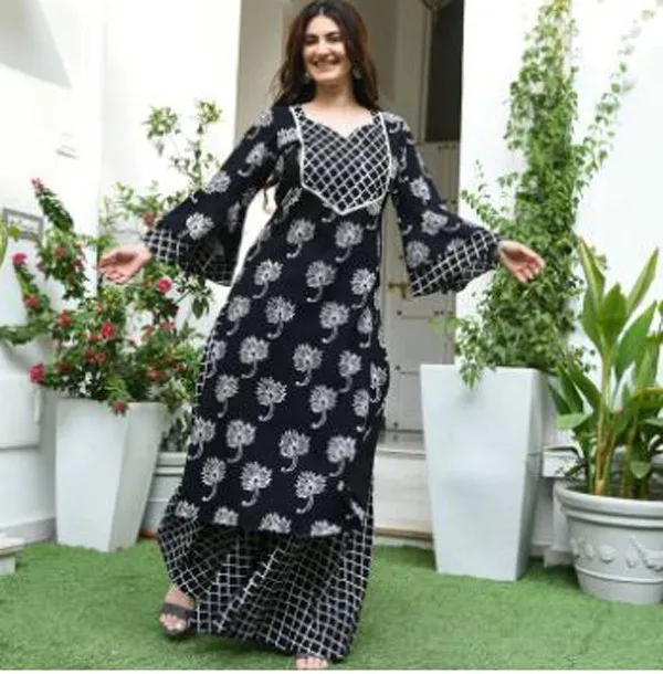 Black_&_White_Viscose_Rayon_Printed_Kurta_Sharara_Set_For_Women