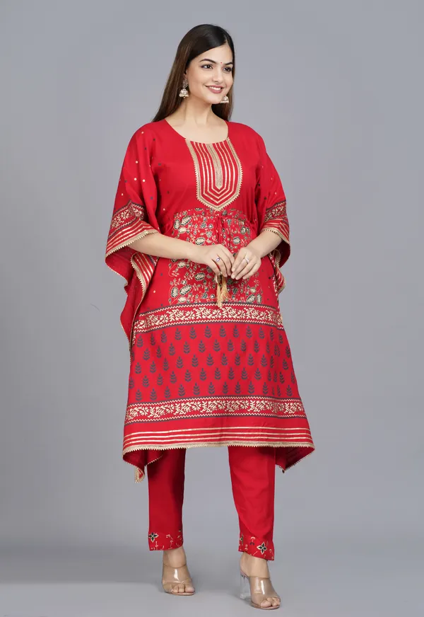 Red_Viscose_Rayon_Printed_Kaftan_Pant_Set_For_Women