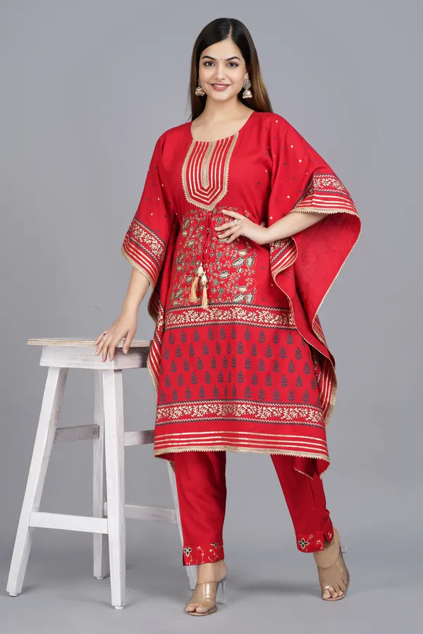 Red_Viscose_Rayon_Printed_Kaftan_Pant_Set_For_Women