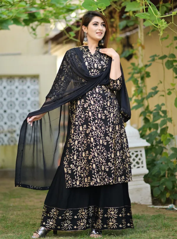 Black_Viscose_Rayon_Printed_Kurta_Sharara_Set_For_Women