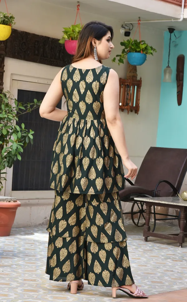 Dark_Green_Viscose_Rayon_Printed_Kurti_Sharara_Set_For_Women