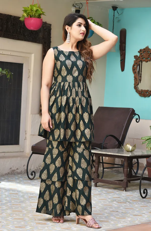 Dark_Green_Viscose_Rayon_Printed_Kurti_Sharara_Set_For_Women
