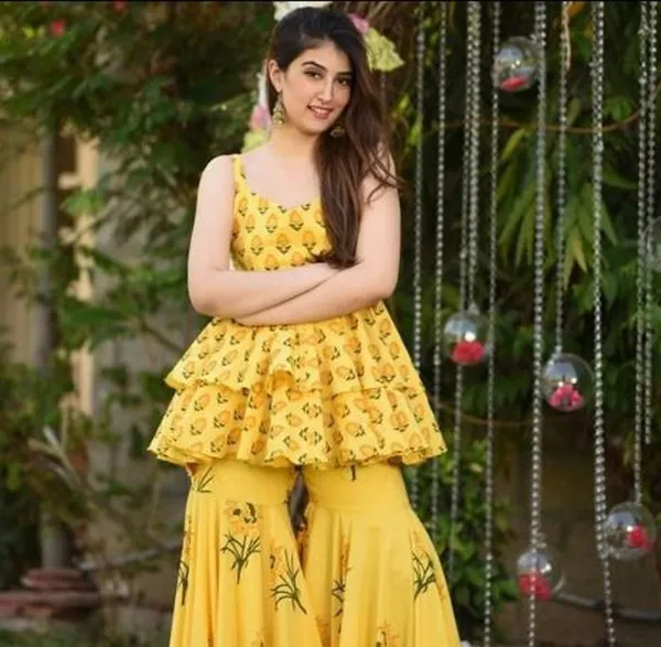 Yellow_Viscose_Rayon_Printed_Kurti_Sharara_Set_For_Women