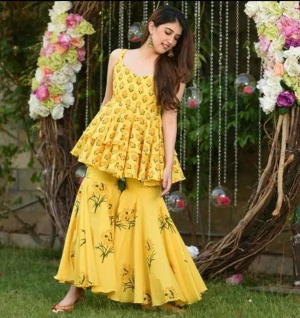 Yellow_Viscose_Rayon_Printed_Kurti_Sharara_Set_For_Women