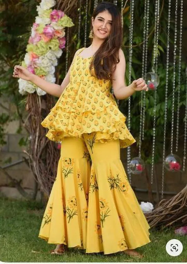 Yellow_Viscose_Rayon_Printed_Kurti_Sharara_Set_For_Women