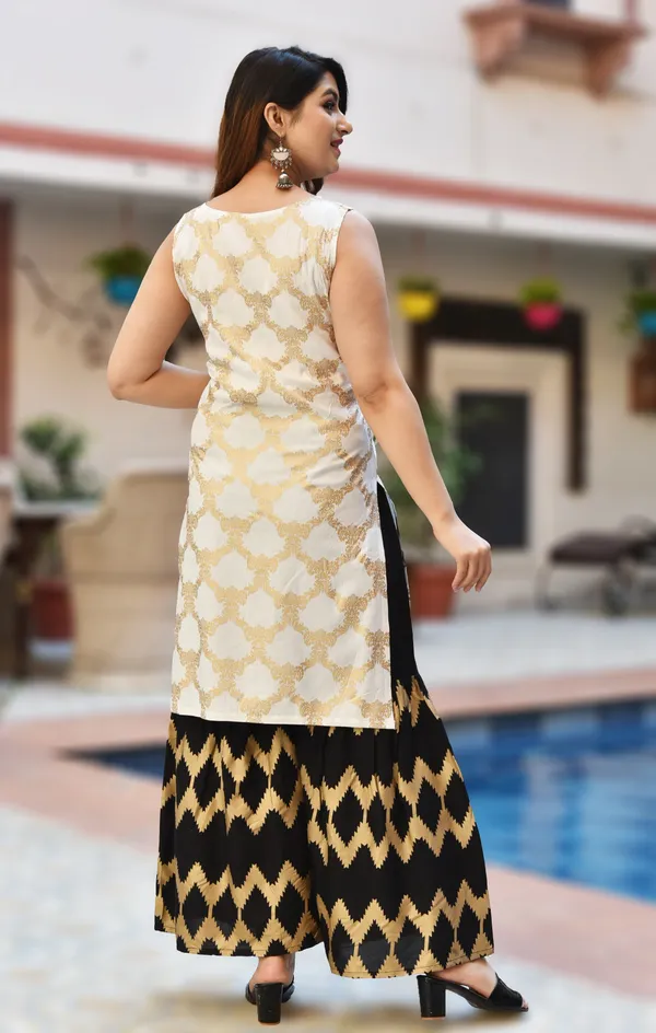 White_Viscose_Rayon_Printed_Kurta_Sharara_Set_For_Women