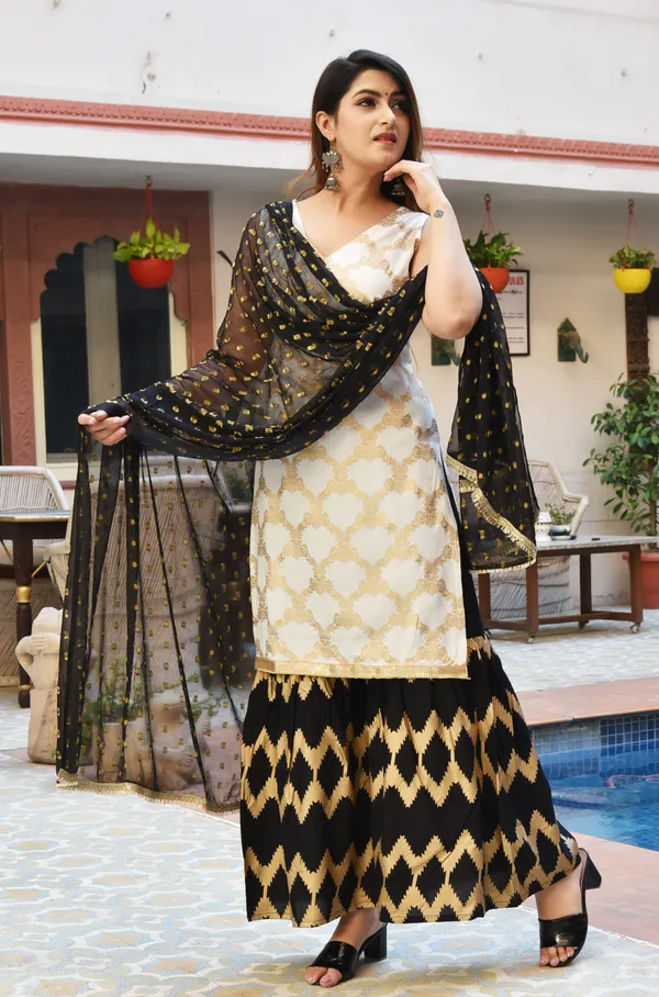 White_Viscose_Rayon_Printed_Kurta_Sharara_Set_For_Women
