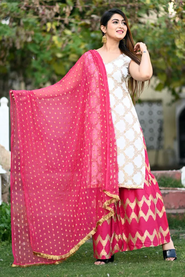 White_Viscose_Rayon_Printed_Kurta_Sharara_Set_For_Women