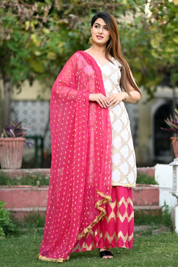 White_Viscose_Rayon_Printed_Kurta_Sharara_Set_For_Women