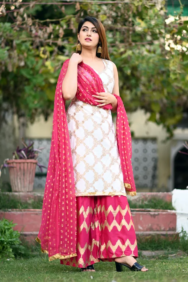 White_Viscose_Rayon_Printed_Kurta_Sharara_Set_For_Women
