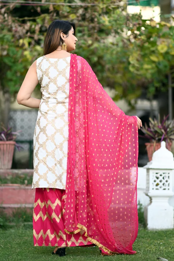 White_Viscose_Rayon_Printed_Kurta_Sharara_Set_For_Women