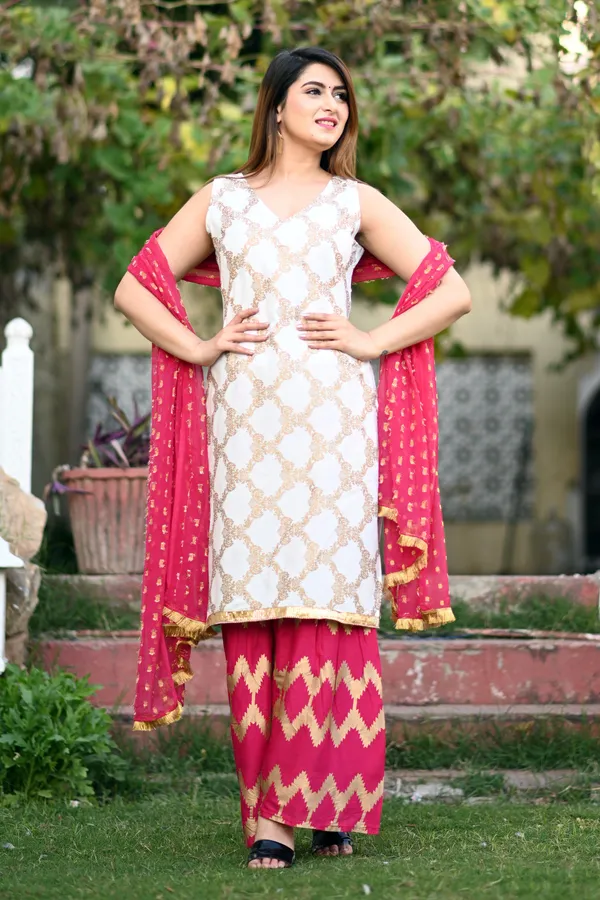 White_Viscose_Rayon_Printed_Kurta_Sharara_Set_For_Women