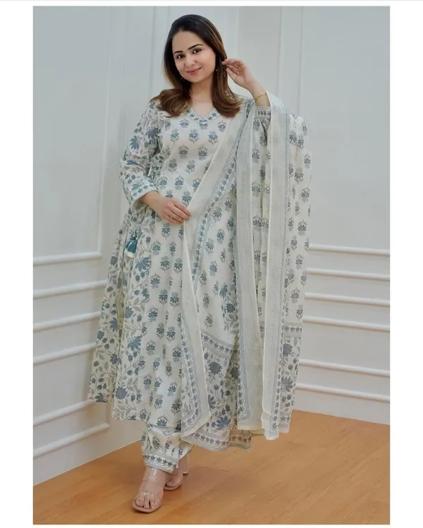 White_Cotton_Blend_Printed_Kurta_Salwar_Set_For_Women