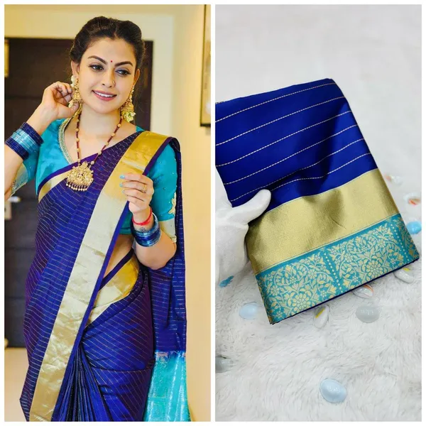 Blue_Litchi_Silk_Golden_Lines_Saree_For_Women
