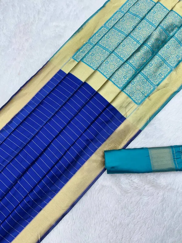 Blue_Litchi_Silk_Golden_Lines_Saree_For_Women