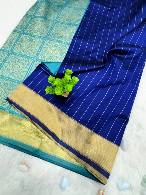 Blue_Litchi_Silk_Golden_Lines_Saree_For_Women
