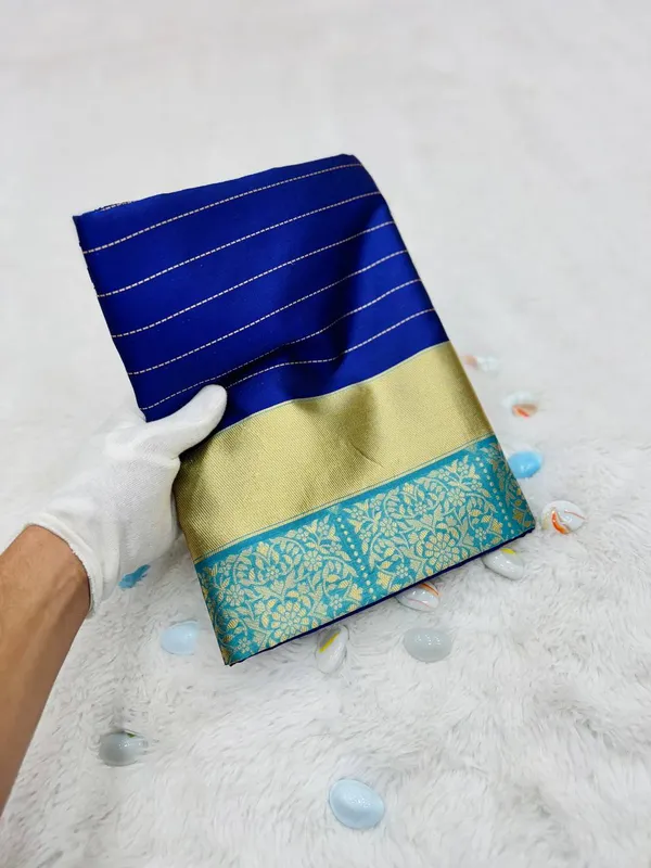 Blue_Litchi_Silk_Golden_Lines_Saree_For_Women