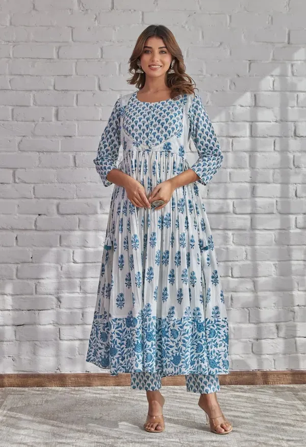 Blue_Cotton_Anarkali_Kurta_With_Pant_&_Dupatta_Set