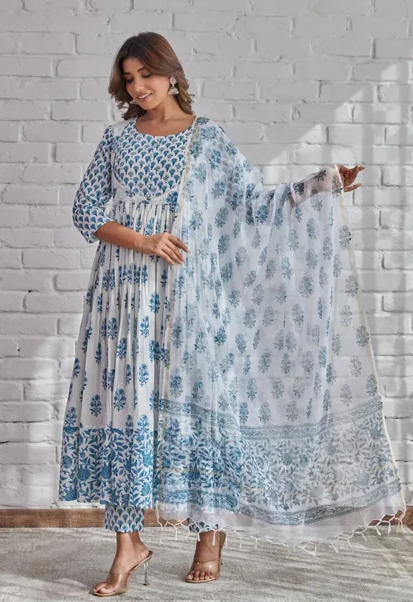 Blue_Cotton_Anarkali_Kurta_With_Pant_&_Dupatta_Set