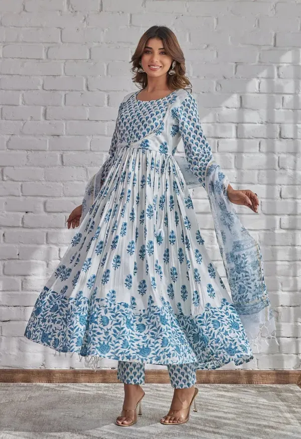 Blue_Cotton_Anarkali_Kurta_With_Pant_&_Dupatta_Set