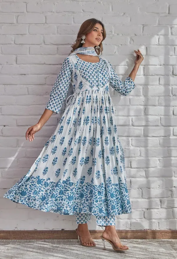 Blue_Cotton_Anarkali_Kurta_With_Pant_&_Dupatta_Set