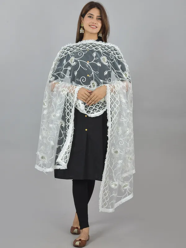 White_Net_Embroidered_Dupatta_For_Women