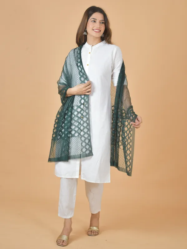Dark_Green_Net_Self_Design_Dupatta_For_Women
