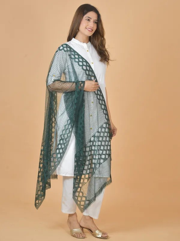 Dark_Green_Net_Self_Design_Dupatta_For_Women