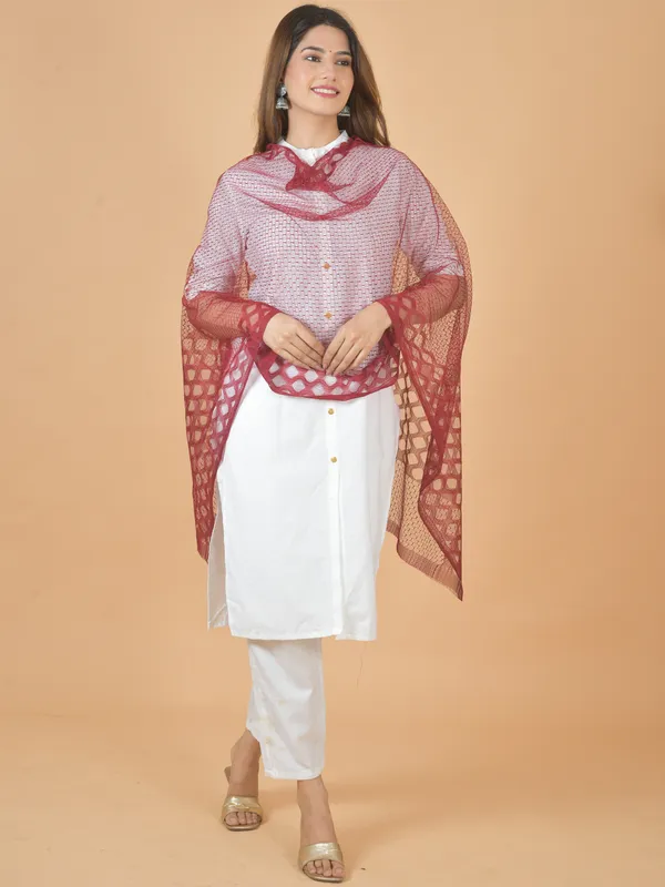 Maroon_Net_Self_Design_Dupatta_For_Women