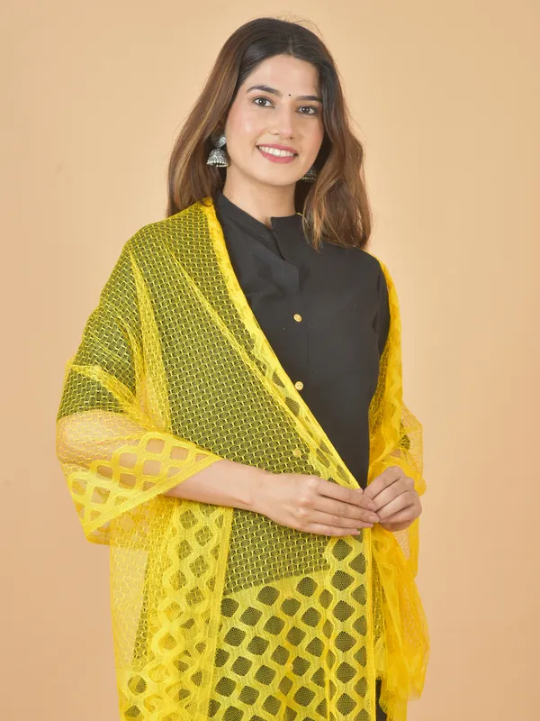 Yellow_Net_Self_Design_Dupatta_For_Women