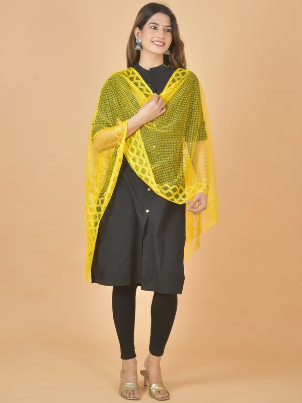 Yellow_Net_Self_Design_Dupatta_For_Women
