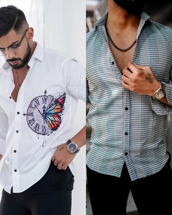 Pack_Of_2_Men's_Classic_Watch_Print_Shirt_&_Men's_Rajwadi_Green_Shirt