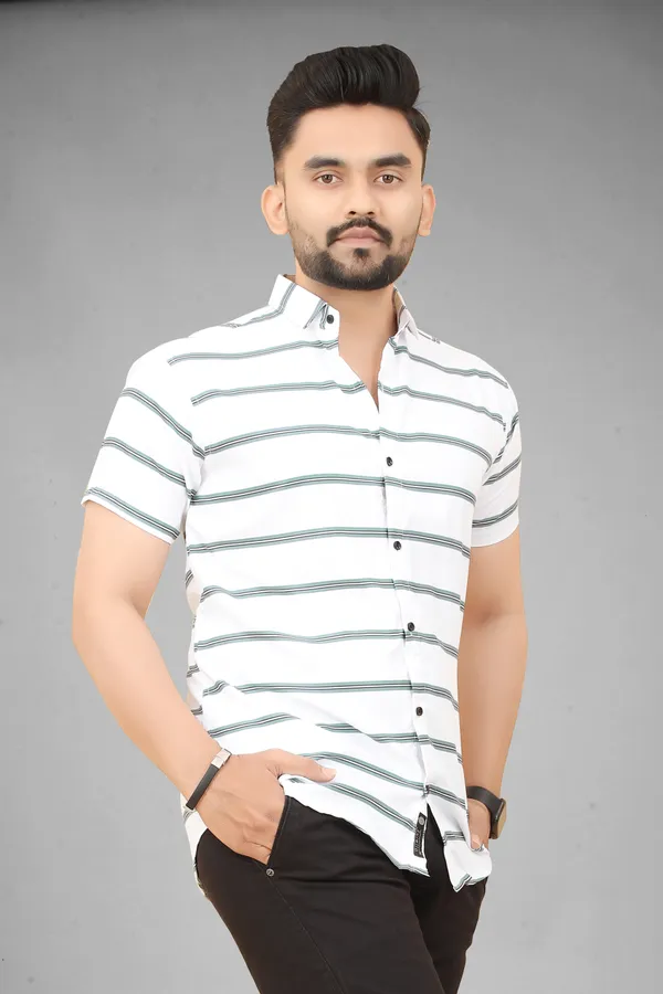 MEN’S_WHITE_&_GREEN_STRIPED_SLIM_FIT_CASUAL_SHIRT_(HALF_SLEEVE)
