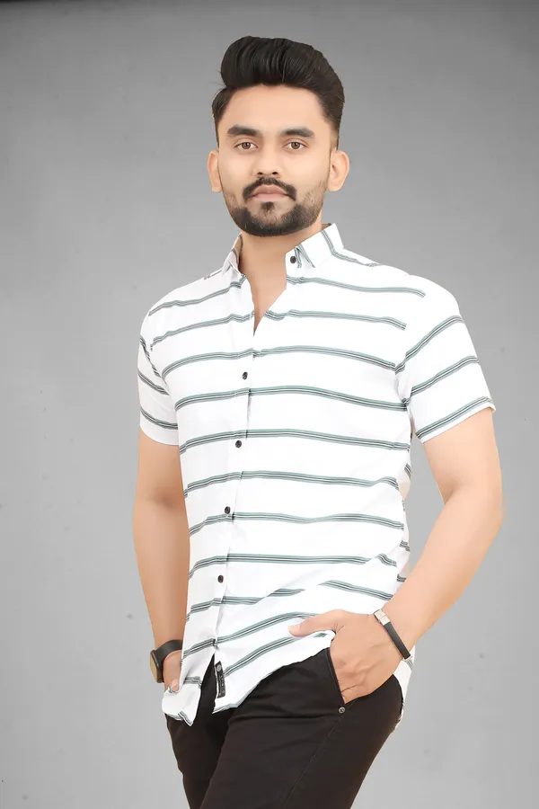 MEN’S_WHITE_&_GREEN_STRIPED_SLIM_FIT_CASUAL_SHIRT_(HALF_SLEEVE)