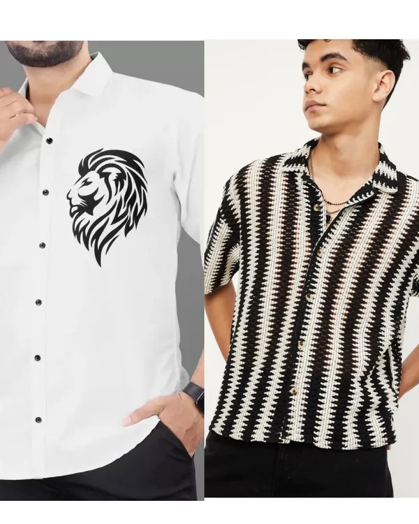 Pack_Of_2_Men's_Lion_Design_Shirt_&_Black_Zig-Zag_Striped_Crochet_Shirt