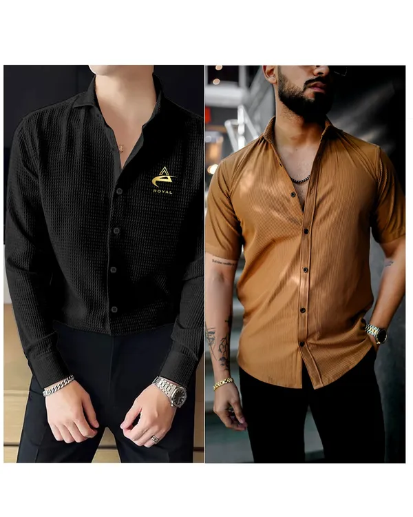 Pack_Of_2_Waffle_Texture_&_Lime_Line_Full_Sleeve_Shirt_For_Men