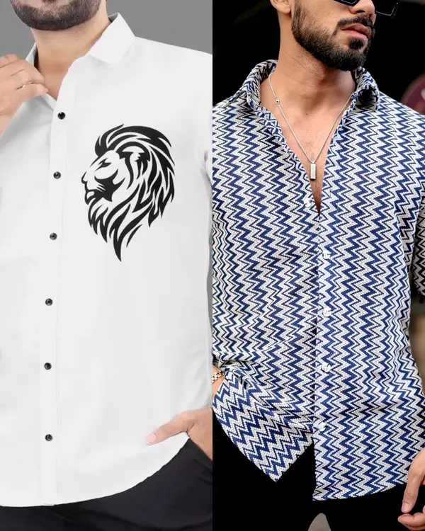 Pack_Of_2_Men's_Lion_Design_Shirt_&_Navy_Zig-Zag_Striped_Crochet_Shirt