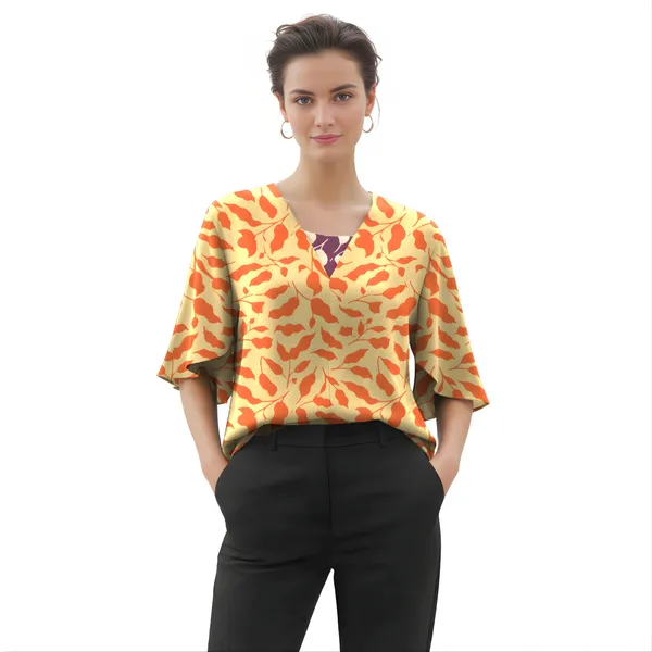 BLACKSMITH_Beige_&_Orange_Ivory_Leaf's_V-Neck_Dolman_Sleeve_Formal_Office_Shirt_for_Women_|_Women_Stylish_Western_Tops