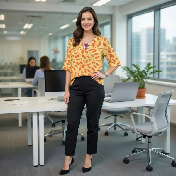 BLACKSMITH_Beige_&_Orange_Ivory_Leaf's_V-Neck_Dolman_Sleeve_Formal_Office_Shirt_for_Women_|_Women_Stylish_Western_Tops